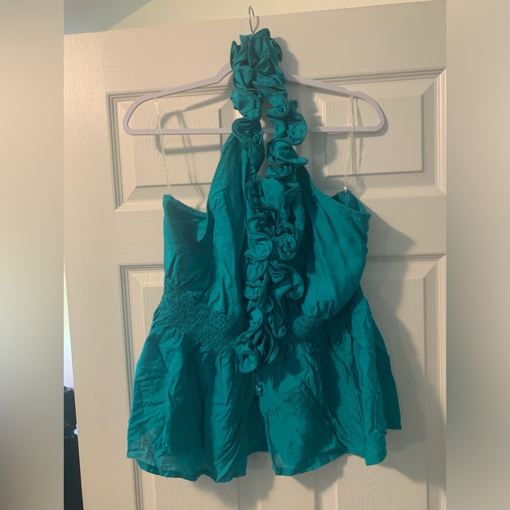 Blue Brand TURQUOISE TEAL BLUE TUXEDO RUFFLE HALTER TOP BLOUSE 3X